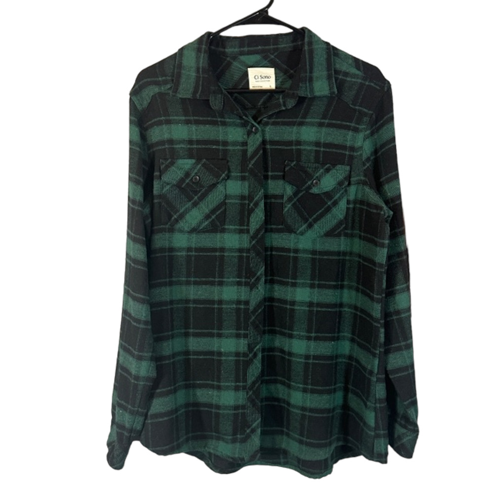 Ci Sono Green Plaid Long Sleeve Cotton Blend Button Down Shirt Women Sz L